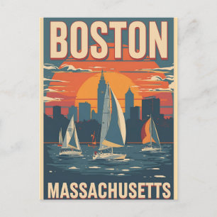 Retro Boston Skyline & Segelboote   Massachusetts Postkarte