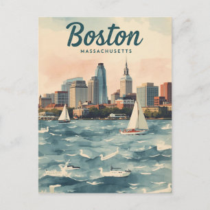 Retro Boston Skyline & Segelboote Massachusetts Postkarte