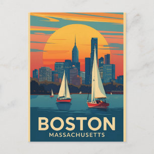 Retro Boston Skyline und Segelboote Massachusett Postkarte