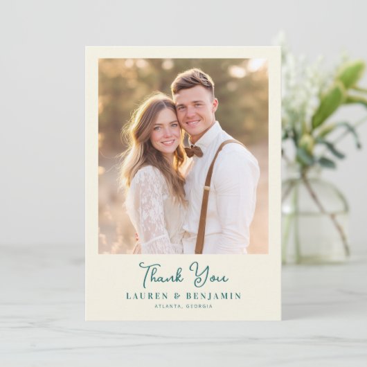 Retro Botanica and Teal Wedding Dankeskarte (Stehend Vorderseite)