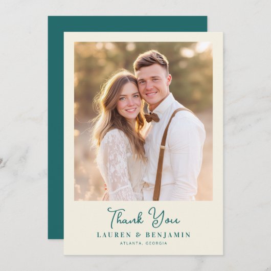 Retro Botanica and Teal Wedding Dankeskarte (Vorne/Hinten)