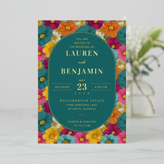 Retro Botanica and Teal Wedding Folieneinladung (Stehend vorne)