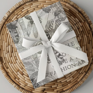 Retro Botanical Butterfly Script Schwarz-Weiß Geschenkpapier Set