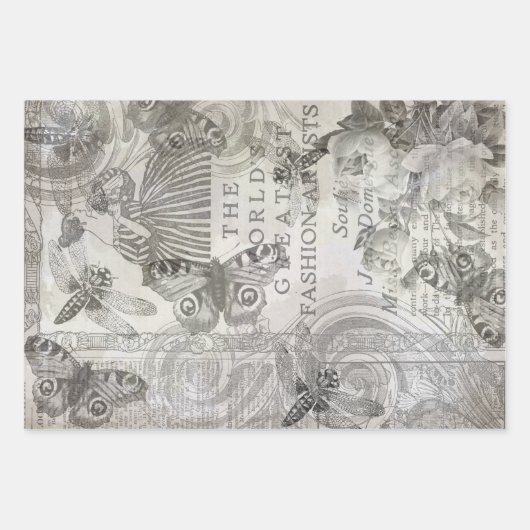 Retro Botanical Butterfly Script Schwarz-Weiß Geschenkpapier Set (Vorderseite)