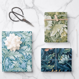 Retro-botanisches Muster blau Geschenkpapier Set
