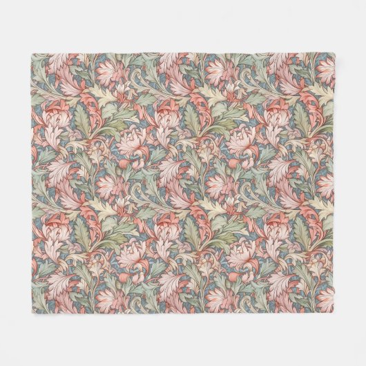 Retro-botanisches Muster Rosa und Grün Fleecedecke (Vorderseite (Horizontal))