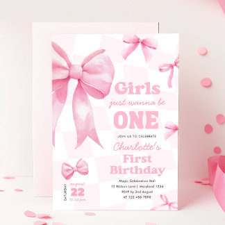 Retro Bow Checkered Erster Geburtstag Einladung