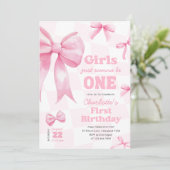 Retro Bow Checkered Erster Geburtstag Einladung (Stehend Vorderseite)