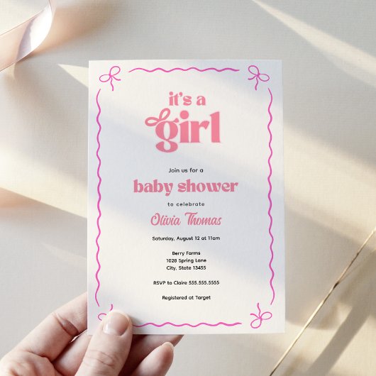 Retro Bow Pink Baby Girl Dusche Einladung