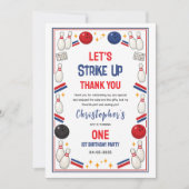 Retro Bowling 1. Geburtstag – Lustige Kinder Dankeskarte (Vorderseite)