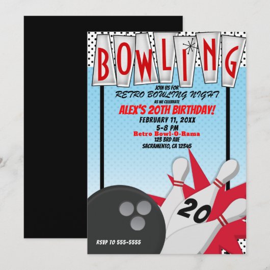 Retro-Bowling-Abend-Geburtstagsfeier Einladung (Vorne/Hinten)