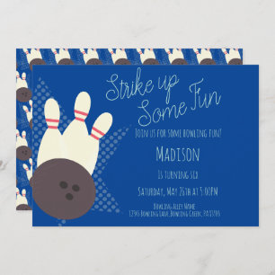 Retro Bowling Alley Birthday Party Blue Einladung