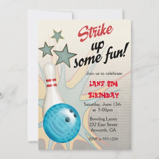 Retro Bowling Birthday Einladung (Vorderseite)