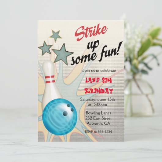 Retro Bowling Birthday Einladung (Stehend Vorderseite)