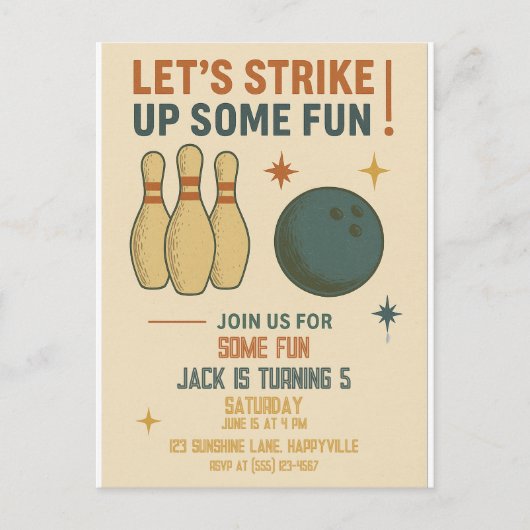 Retro Bowling Birthday Einladung für Jungen Postkarte (Vorderseite)