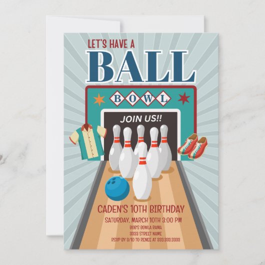 Retro Bowling Birthday Einladung Party (Vorderseite)