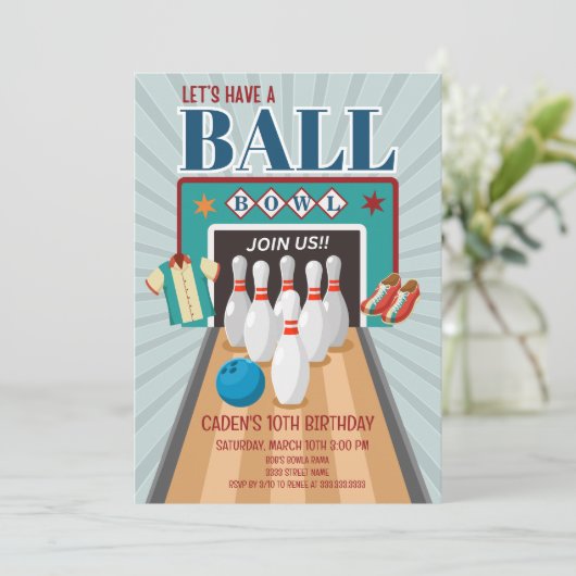 Retro Bowling Birthday Einladung Party (Stehend Vorderseite)