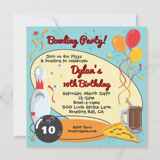 Retro Bowling Birthday Party Einladung (Vorderseite)