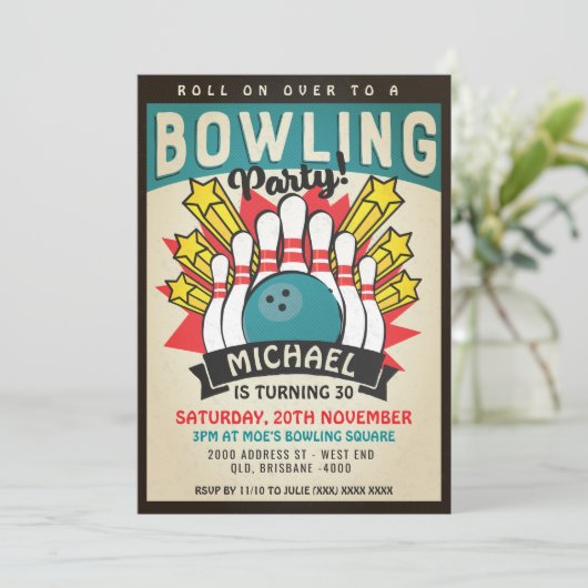 Retro Bowling Birthday Party Einladung (Stehend Vorderseite)