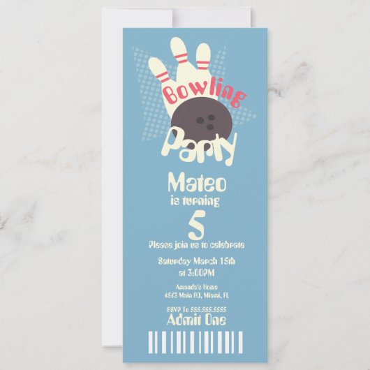 Retro Bowling Blue Birthday Ticket Style Einladung (Vorderseite)