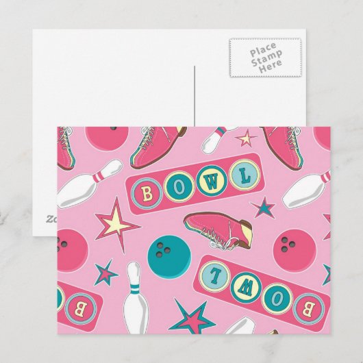 Retro-Bowling Druckrosa Postkarte (Vorne/Hinten)