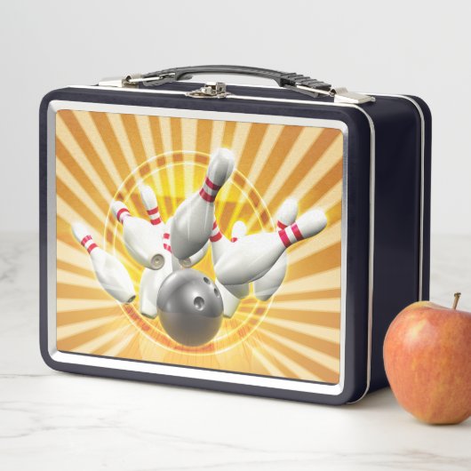 Retro Bowling Graphic in Gelb und Schwarz Metall Brotdose (Beispiel)