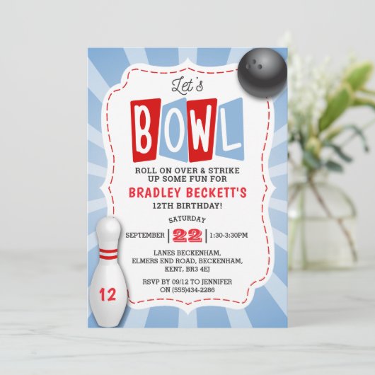 Retro-Bowling jeden Geburtstag Einladung (Stehend Vorderseite)