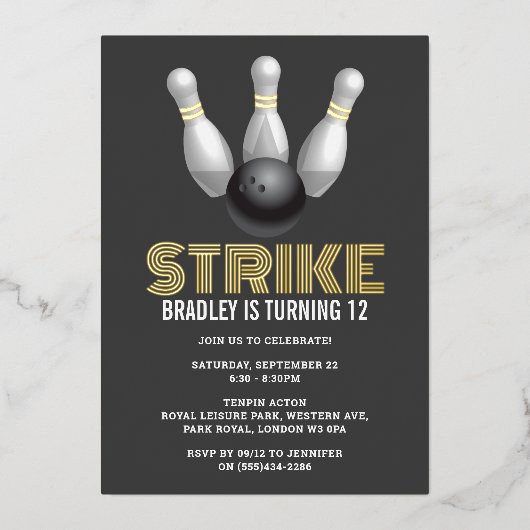 Retro-Bowling jedes Lebensjahrs Folieneinladung (Vorderseite)