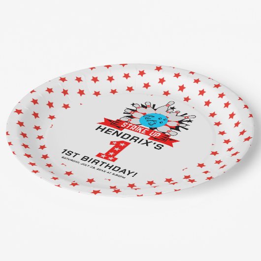 Retro Bowling Kids 1st Birthday Party Pappteller (Schrägansicht)