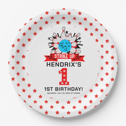 Retro Bowling Kids 1st Birthday Party Pappteller (Vorderseite)