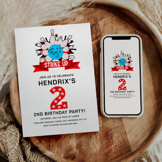 Retro Bowling Kids 2ND Birthday Party Einladung