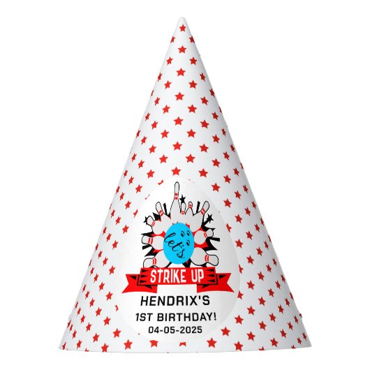 Retro-Bowling-Kinder 1. Geburtstagsfeier Partyhütchen (Vorderseite)