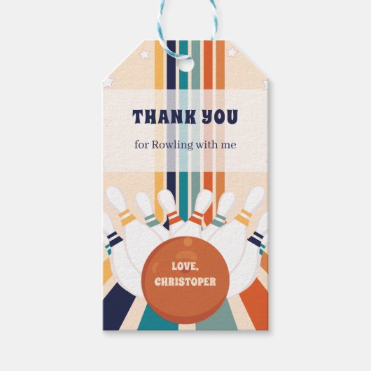 Retro Bowling Kindergeburtstag Geschenkanhänger (Vorderseite)