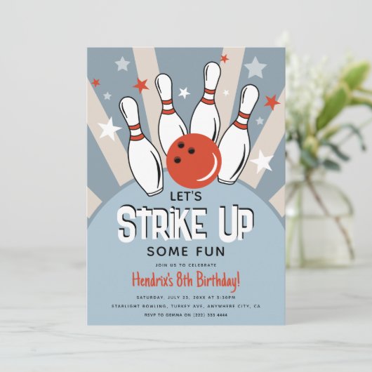 Retro Bowling Kindergeburtstag Party Einladung (Stehend Vorderseite)