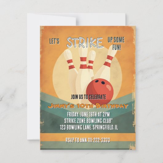 Retro Bowling Kindergeburtstag Party Einladung (Vorderseite)