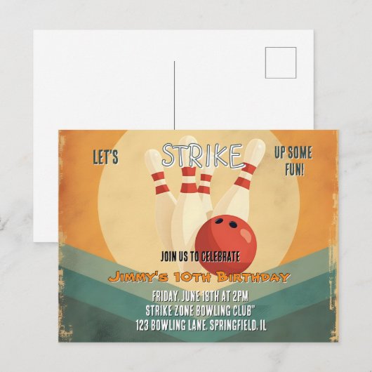 Retro Bowling Kindergeburtstag Party Einladung (Vorne/Hinten)