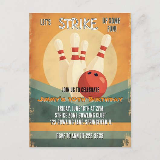 Retro Bowling Kindergeburtstag Party Einladung Postkarte (Vorderseite)