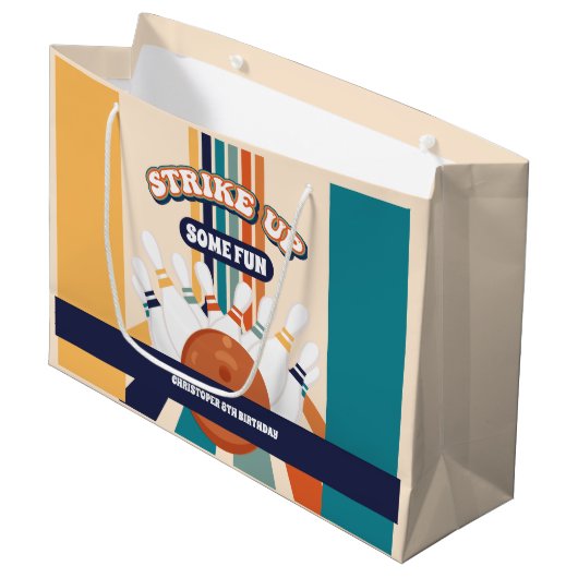 Retro Bowling Kindergeburtstag Party Große Geschenktüte (Vorderseite Schrägansicht)