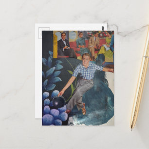 Retro-Bowling-Mann Mixed-Media-Collage Postkarte