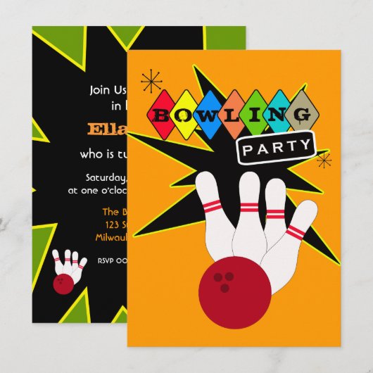 Retro Bowling Party Einladung (Vorne/Hinten)