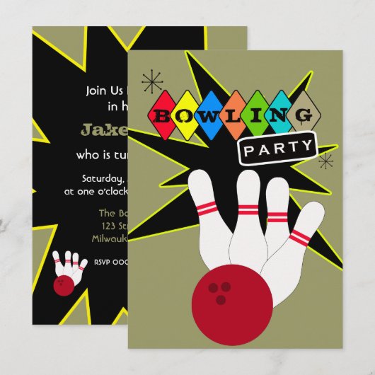 Retro Bowling Party Einladung (Vorne/Hinten)