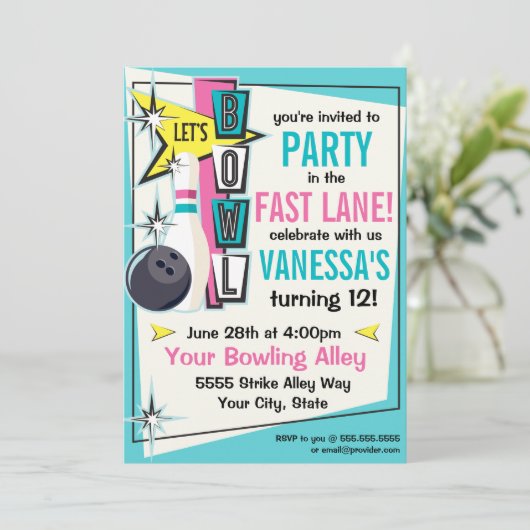 Retro Bowling Party Einladung - Rosa (Stehend Vorderseite)