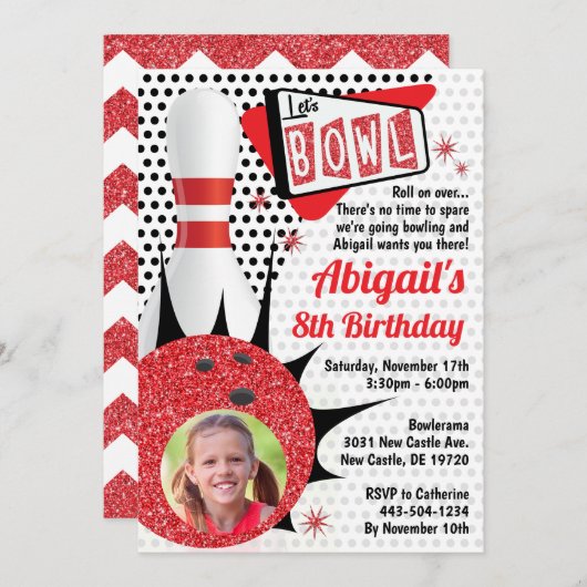 Retro Bowling Party Sock Hop Button Up mit Foto Einladung (Vorne/Hinten)