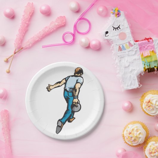 Retro-Bowling-Player wirbeln Ball Pappteller (Party)