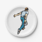 Retro-Bowling-Spieler wirft Ball Pappteller (Vorderseite)