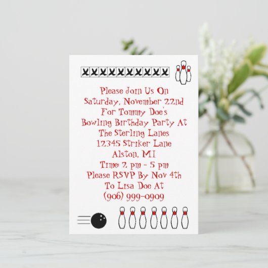 Retro Bowling Themed Party Einladungen Lingo Zurüc (Stehend Vorderseite)
