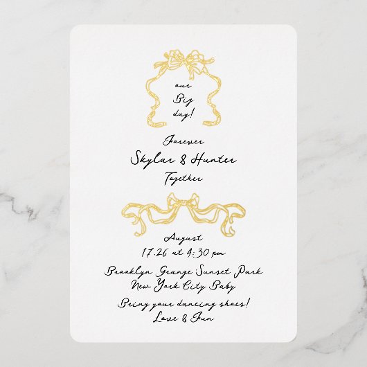 Retro Bows Doodle handgeschriebene Schwarz & Weiß Folieneinladung (Vorderseite)