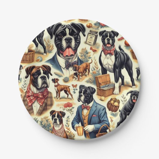 Retro Boxer Dog Illustration Pappteller (Vorderseite)