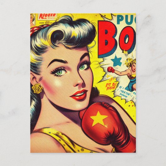 Retro Boxing Girl-Comicen Postkarte (Vorderseite)