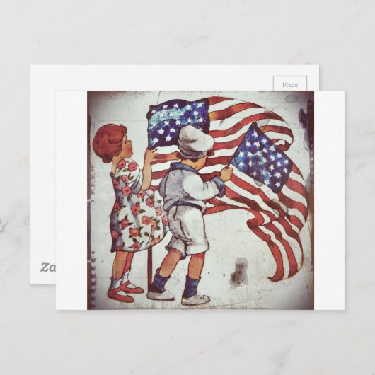Retro Boy and Girl Waving Fahnen Postkarte (Vorne/Hinten)